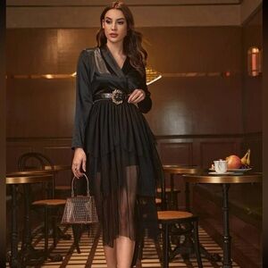 SHEIN x Farah NWT | Black Shawl Collar Mesh Hem Dress. Satin & Tulle🫀😻 s…